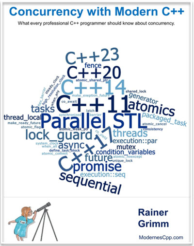 Buchcover Concurrency with Modern C++: What every professional C++ programmer should know about concurrency (ModernesCpp, 2024)